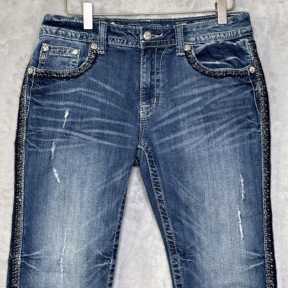 Miss Me Jeans Womens 27 Boyfriend Capri Blue Distressed Embellished Denim Pocket - Picture 3 of 16